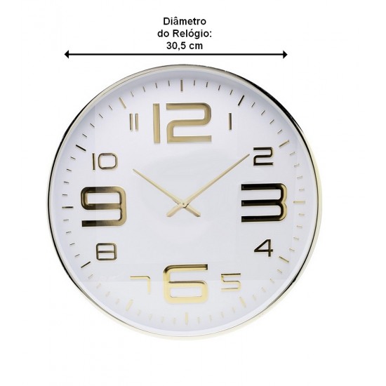 Relógio De Parede 30,5cm Por 4,5cm Quartz De Plástico Branco Com Dourado